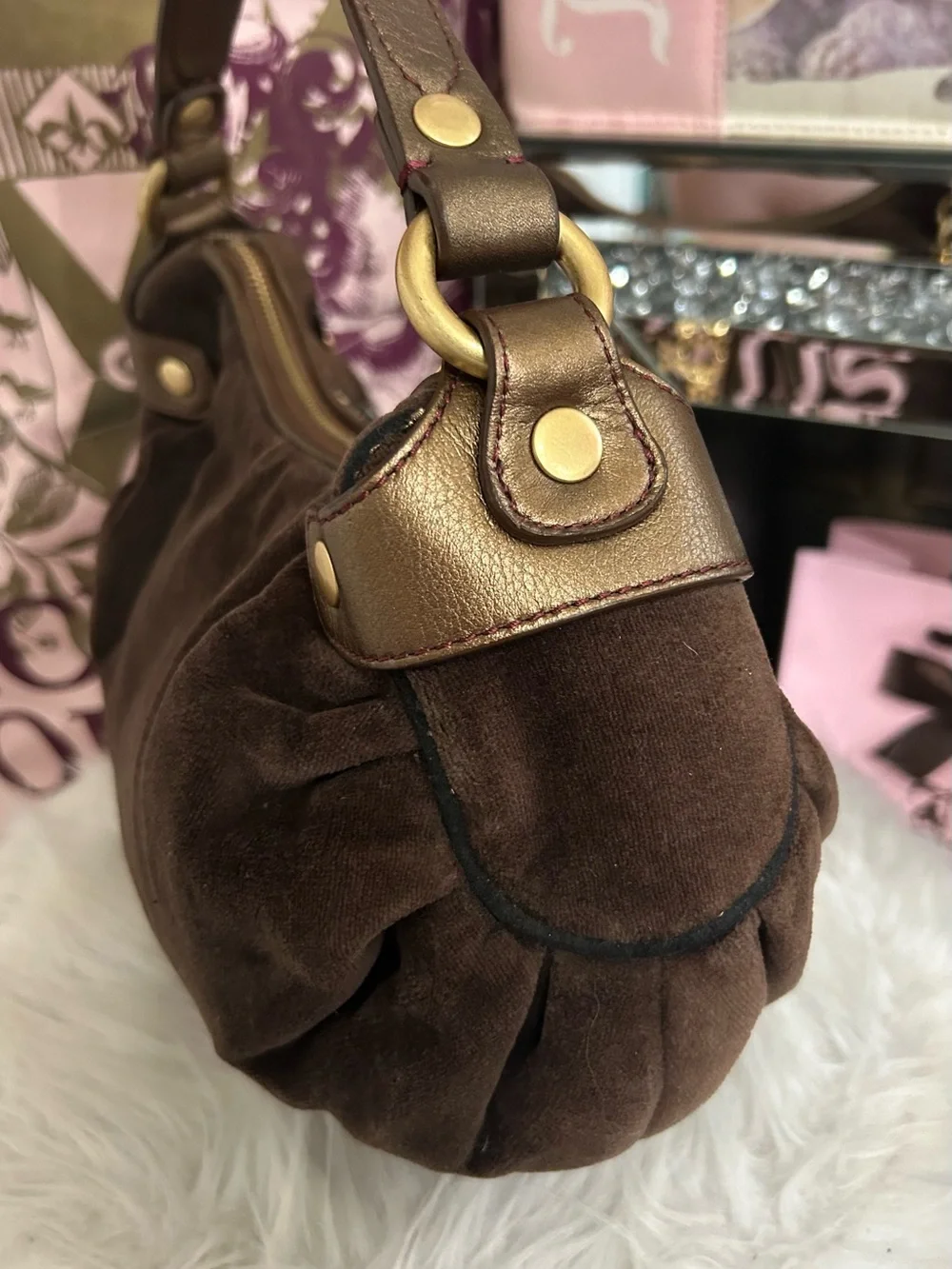 Y2K Vintage 2007 Juicy Couture Brown Velour Pink Logo Hobo Bag LIVE FOR COUTURE